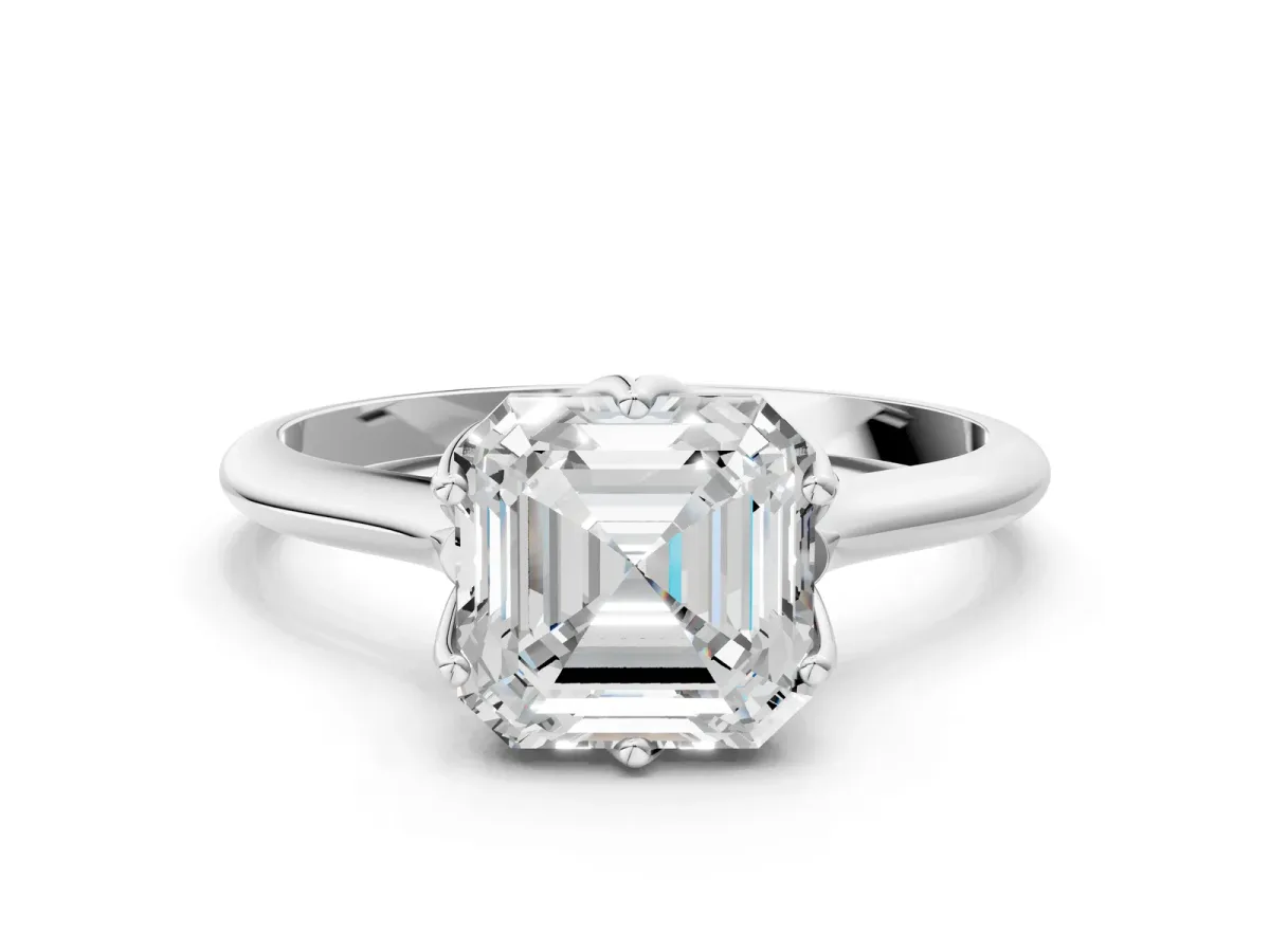 Asscher Cut Solitaire Cathedral Diamond Ring with Six-Prong Setting Platinum