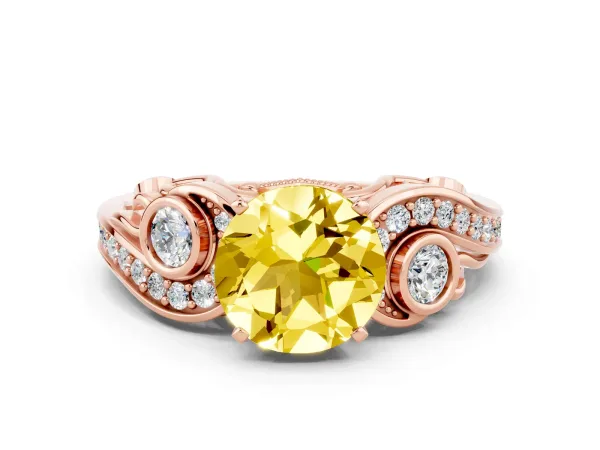 Round Cut Yellow Sapphire Solitaire Ring with Milgrain Pavé Band and Four-Prong Setting Rose gold
