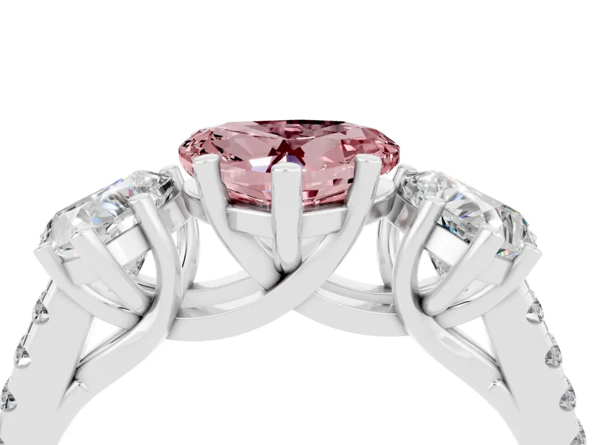 Three-Stone Heart Cut Morganite Ring with Round Pavé Band and Prong Setting Silver