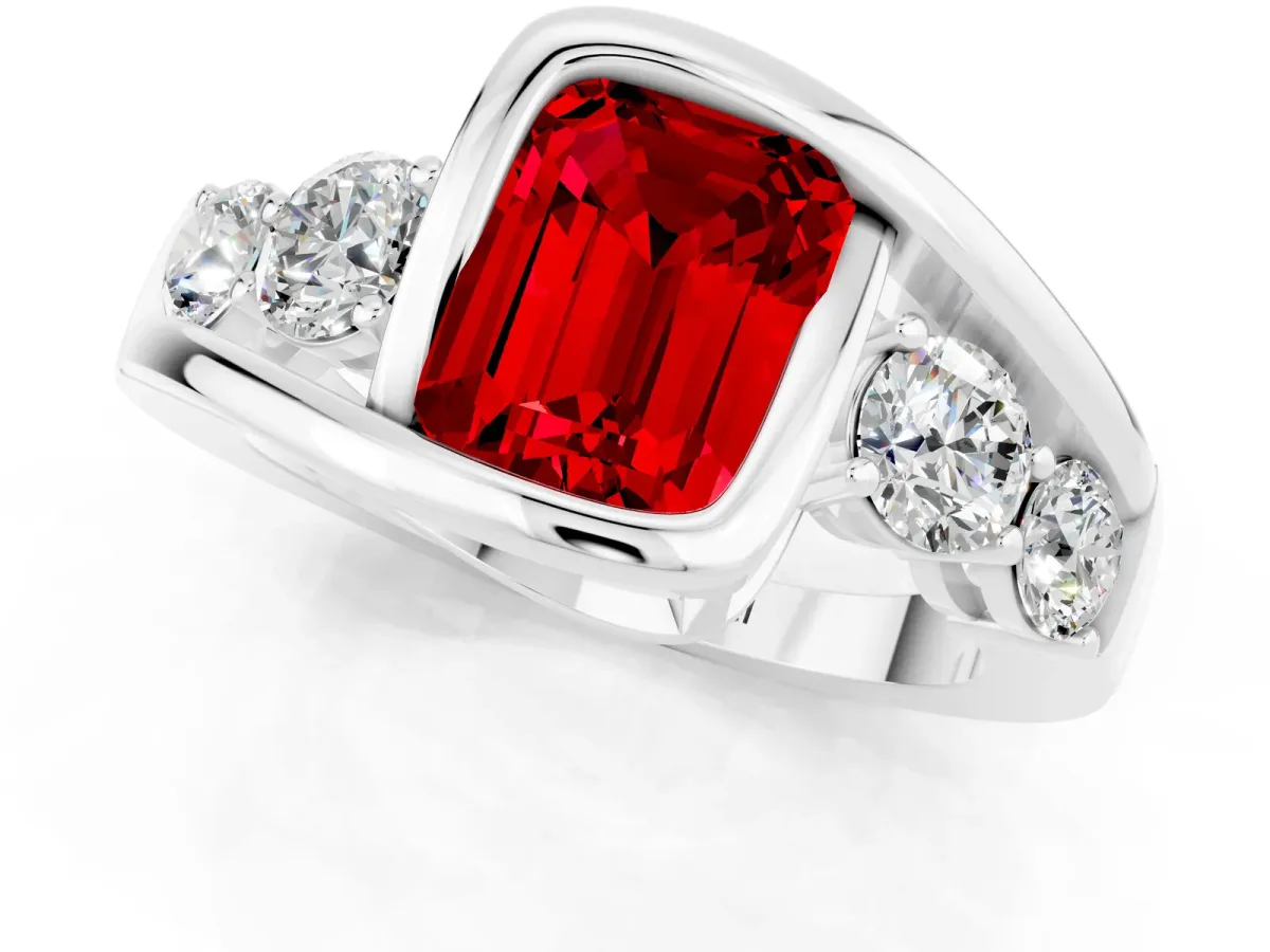 Bezel Set Emerald Cut Ruby Bypass Ring with Round Accents Silver