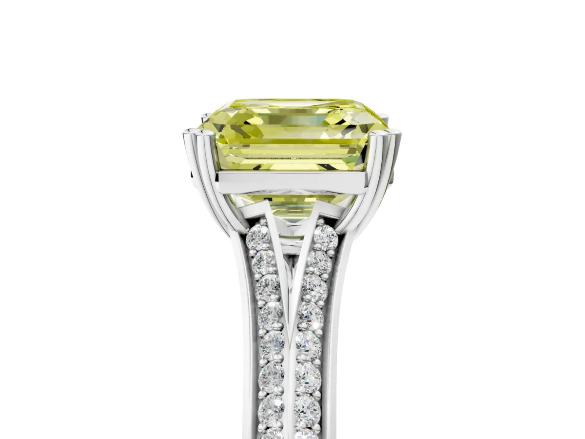 Fancy Yellow Asscher Cut Diamond Split Shank Engagement Ring with Pavé Band Platinum