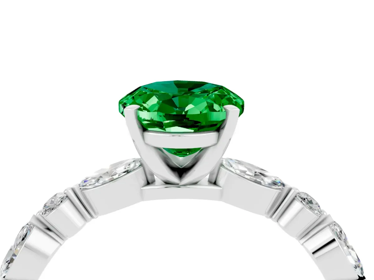 Oval Cut Emerald Ring with Marquise and Round Side Stones and Four-Prong Setting Silver