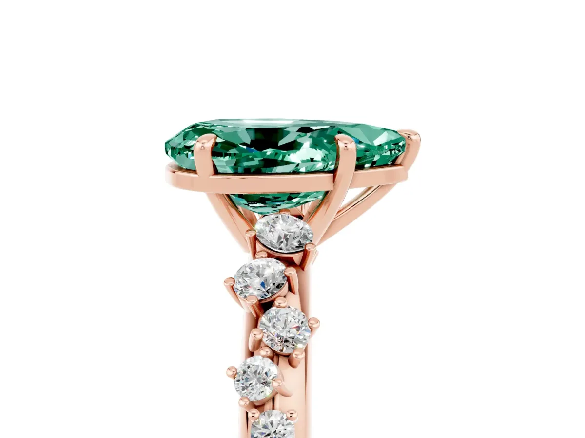 Pear Cut Green Sapphire Cluster Side Stone Solitaire Ring with Prong Setting Rose gold