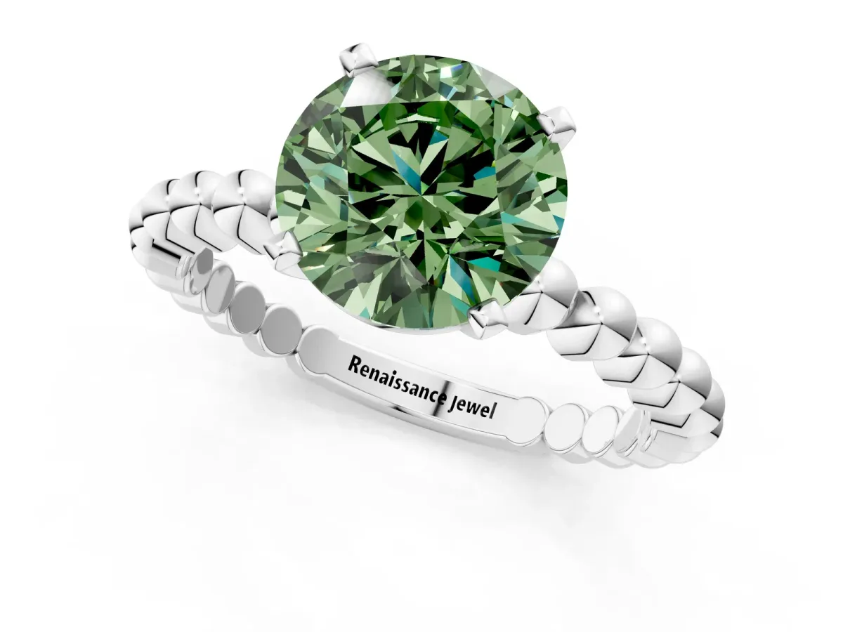 Fancy Green Round Cut Diamond Solitaire Ring with Beaded Band and Prong Setting Silver