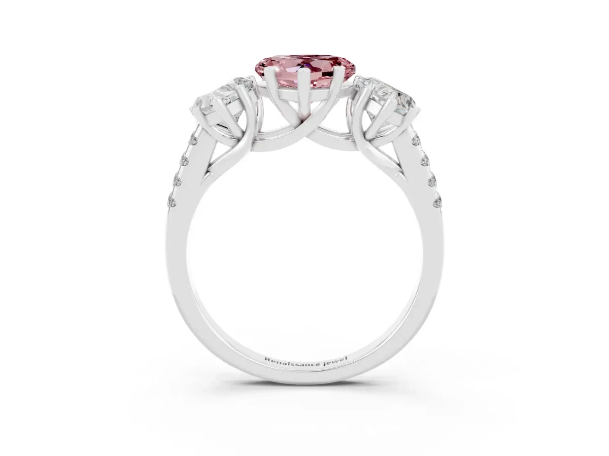 Three-Stone Heart Cut Morganite Ring with Round Pavé Band and Prong Setting Silver