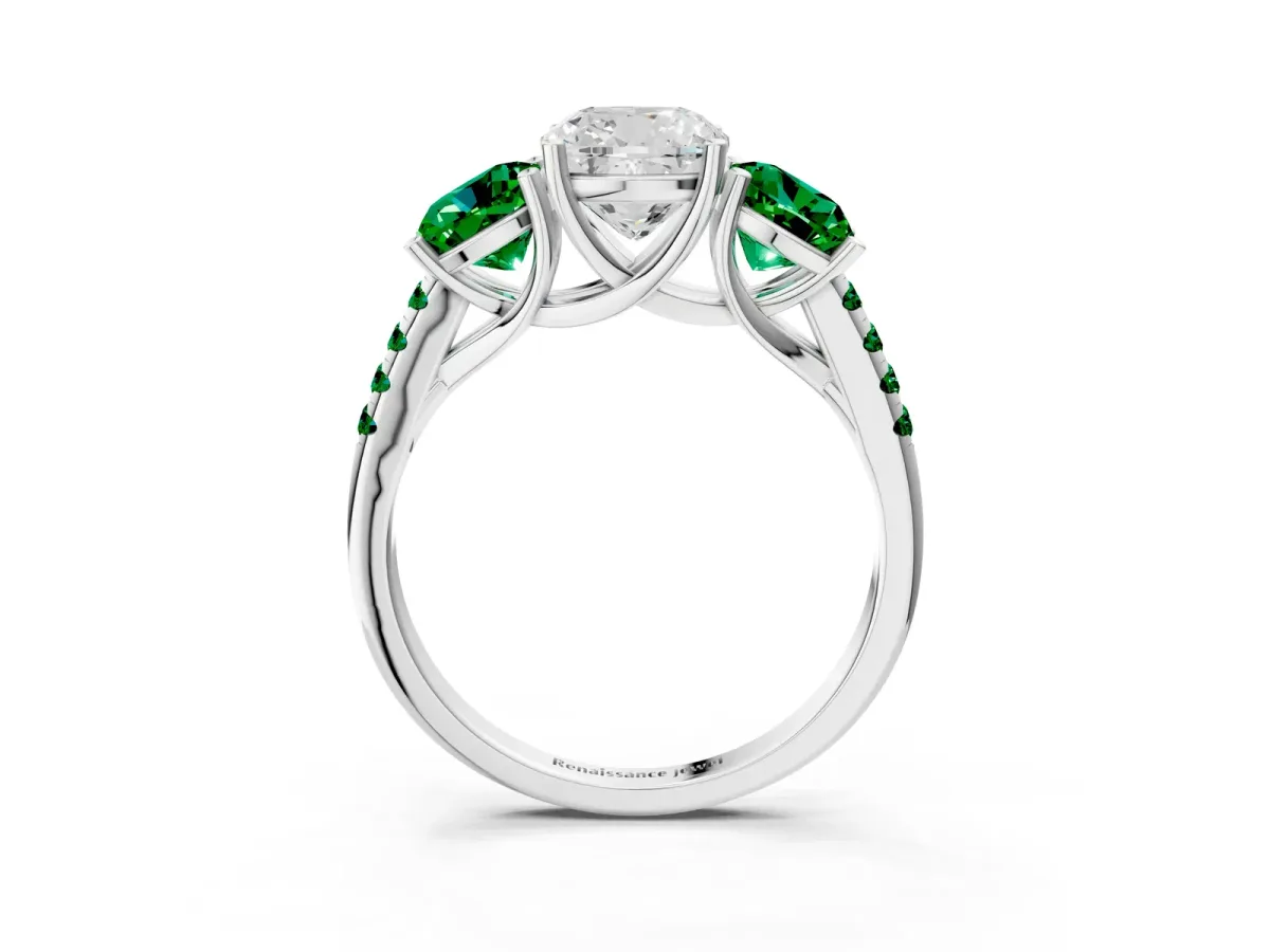 Three-Stone Cushion Cut Diamond Ring with Round Emerald Pavé Band and Prong Setting Platinum