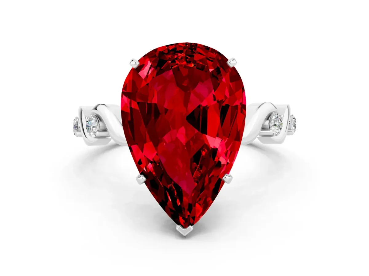 Pear Cut Ruby Solitaire Twisted Band with Round Accents and Prong Setting Silver