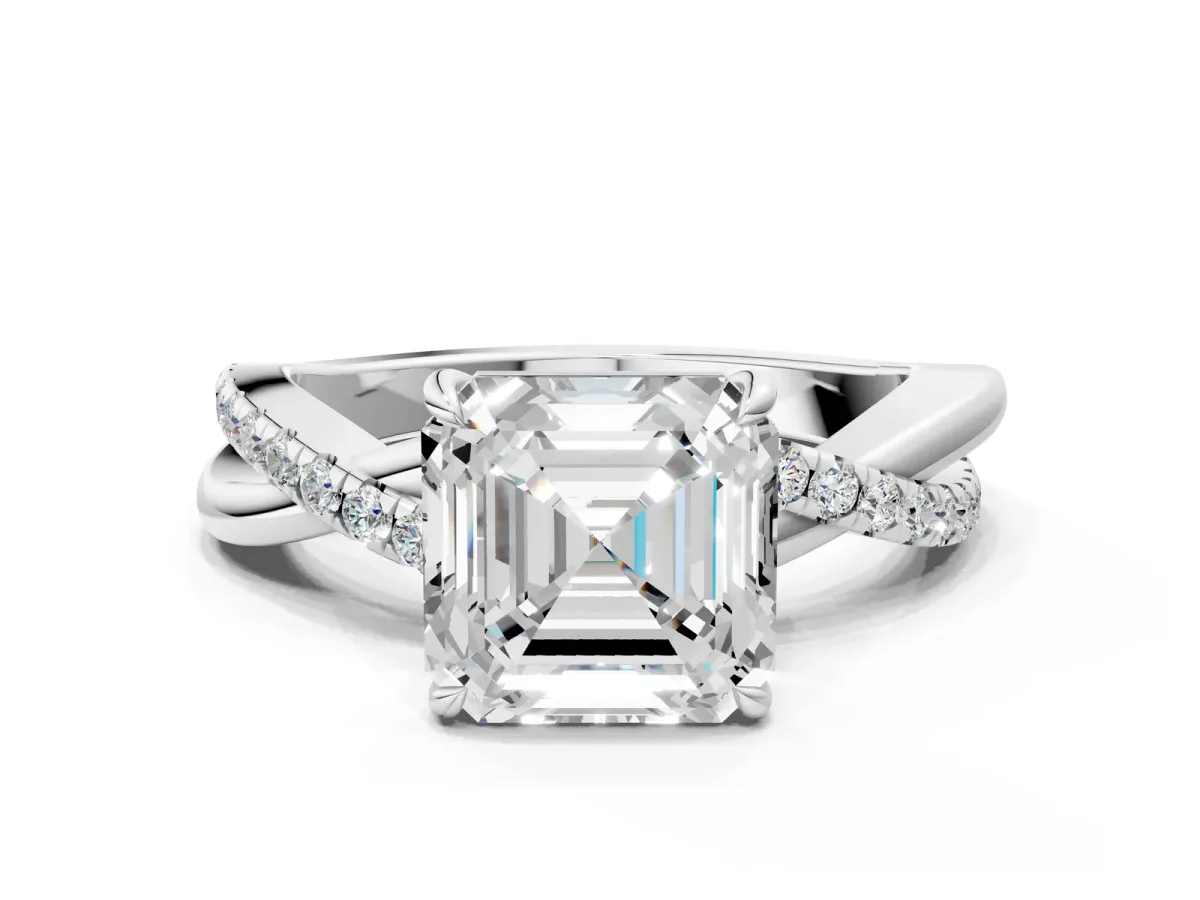Asscher Cut Cut Diamond Twisted Band with Pavé Setting and Four-Prong Setting Platinum