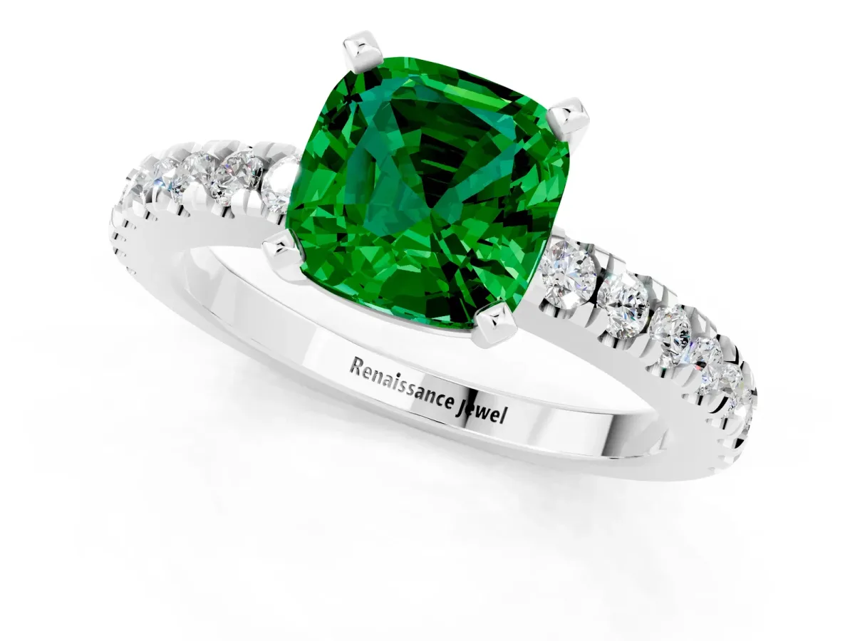 Cushion Cut Solitaire Emerald with Pavé Band and Four-Prong Setting Silver