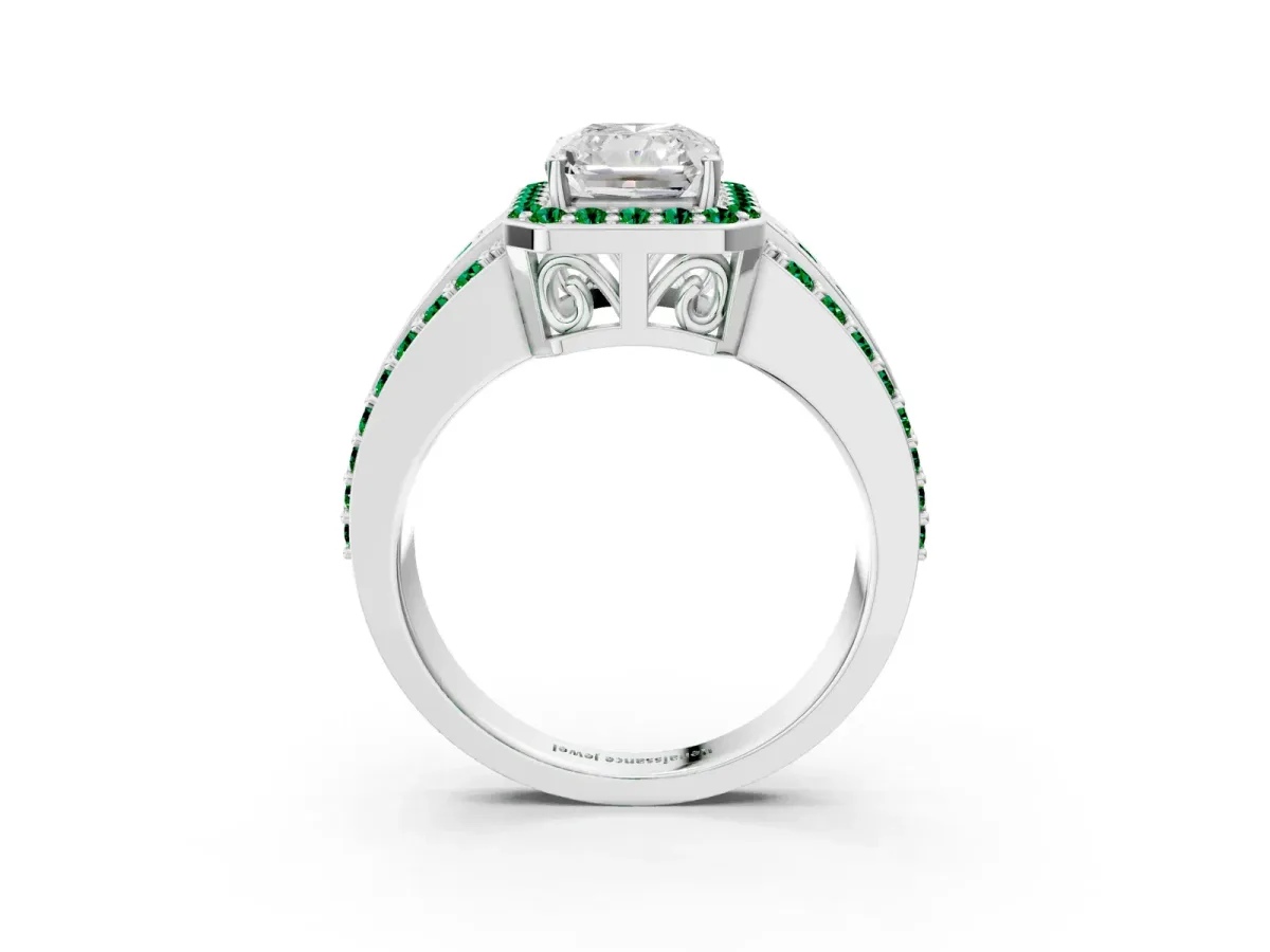 Radiant Cut Halo Diamond Ring with Round Emerald Split Shank and Prong Setting Silver