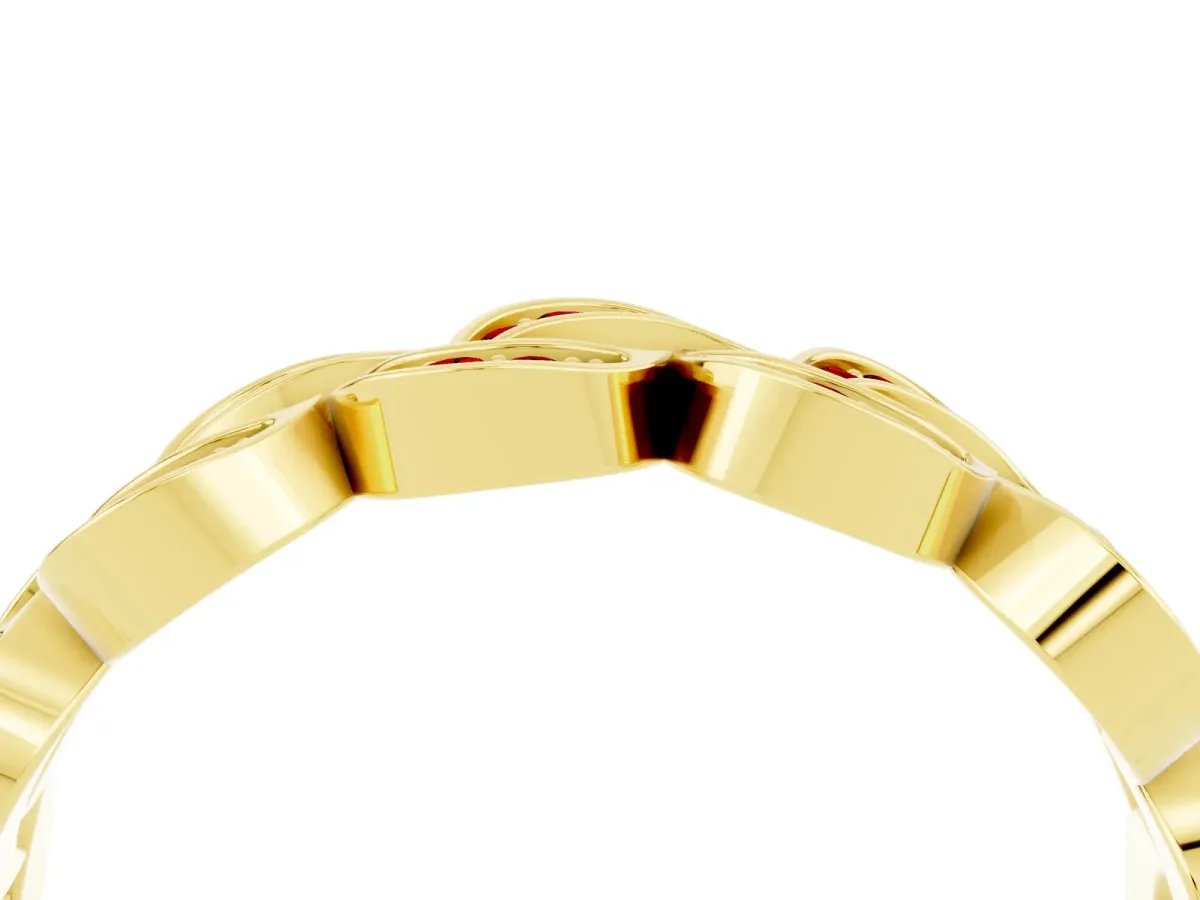 Pavé Round Ruby Interlocking Eternity Band with Bezel Prong Setting Yellow gold