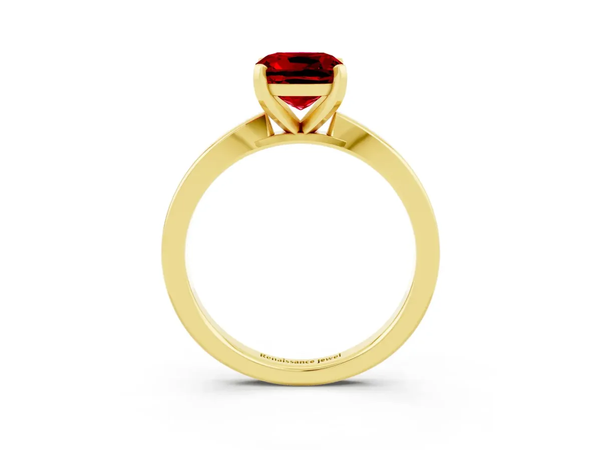 Cushion Cut Ruby Solitaire Engagement Ring with Classic Band and Four-Prong Setting Yellow gold