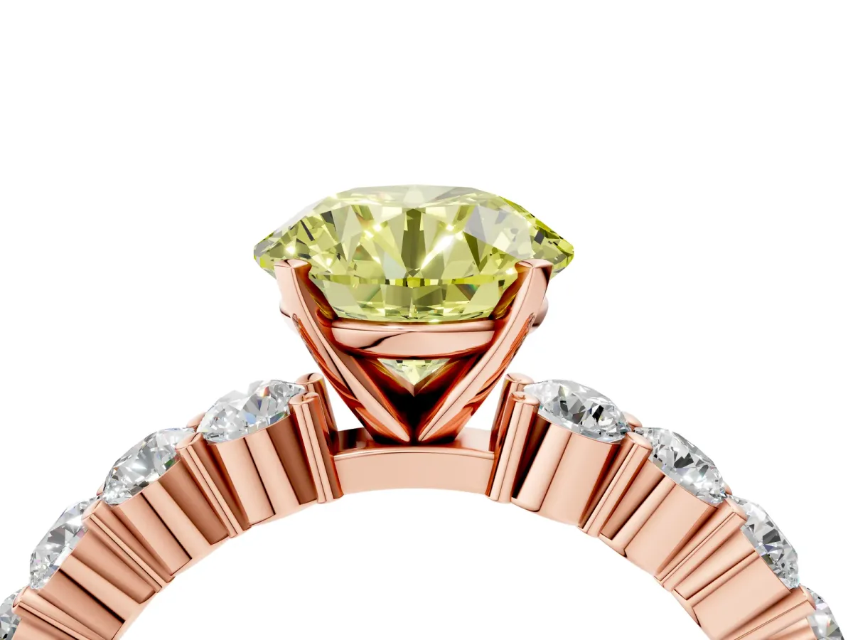 Fancy Yellow Round Cut Diamond Solitaire Ring with Shared Prong Round Side Stones Rose gold