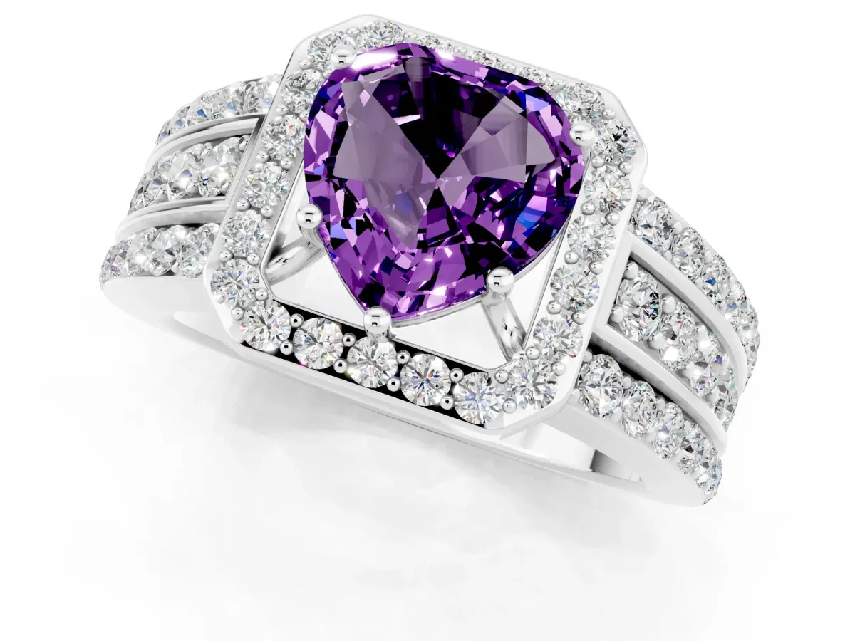 Heart Cut Halo Amethyst Ring with Round Split Shank and Prong Setting White gold