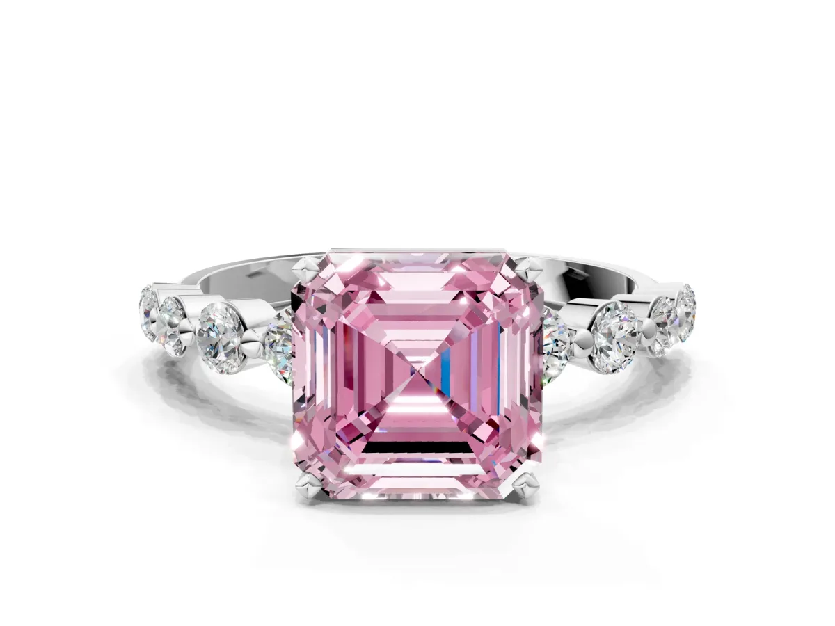 Fancy Pink Asscher Cut Solitaire Diamond Ring with Pave Band and Four-Prong Setting Silver