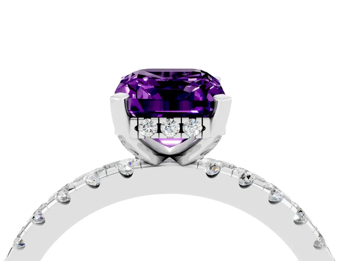 Emerald Cut Amethyst Solitaire Ring with Round Pavé Band and Four-Prong Setting Silver