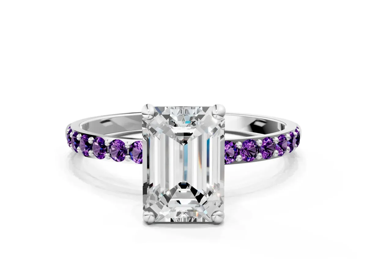 Emerald Cut Diamond Solitaire Ring with Round Amethyst Pavé Band and Prong Setting Platinum