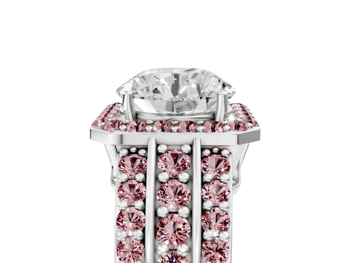 Round Cut Halo Diamond Ring with Round Morganite Split Shank and Prong Setting Silver