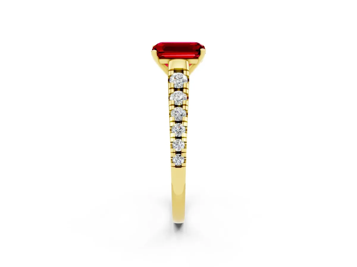 Emerald Cut Ruby Cathedral Solitaire Ring with Round Pavé Band Yellow gold