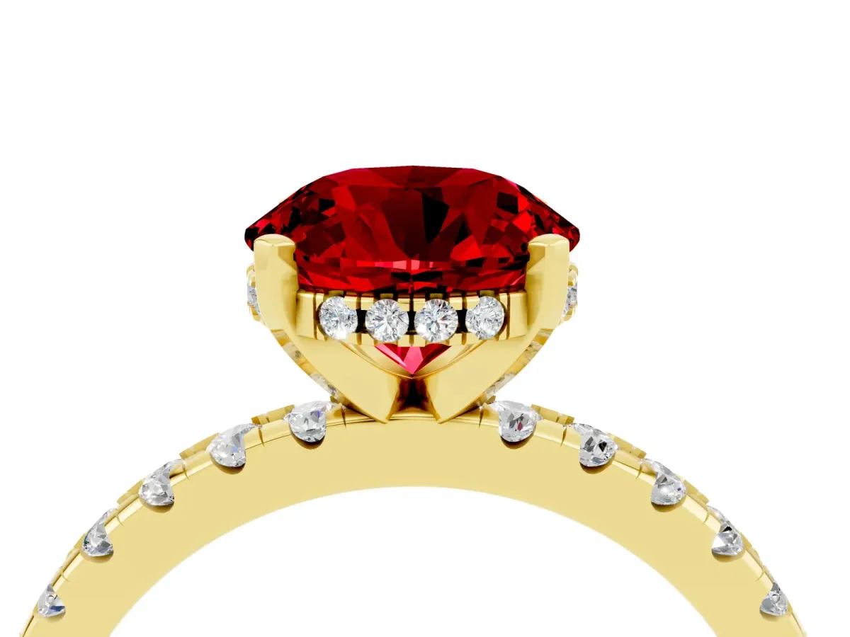 Round Cut Ruby Solitaire Ring with Round Pavé Band and Four-Prong Setting Yellow gold