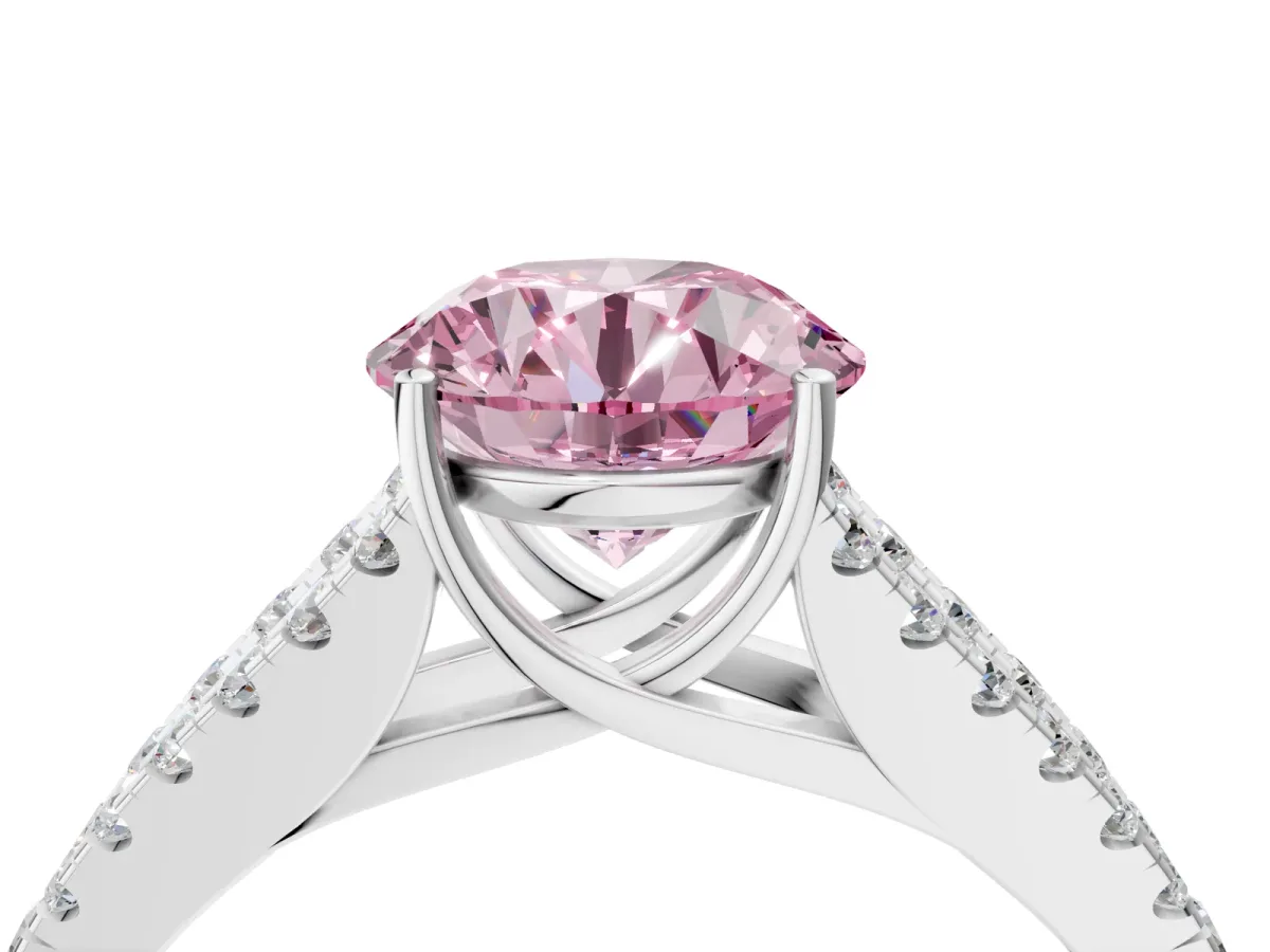 Fancy Pink Round Cut Diamond Split Shank Engagement Ring with Round Pavé and Prong Setting Platinum