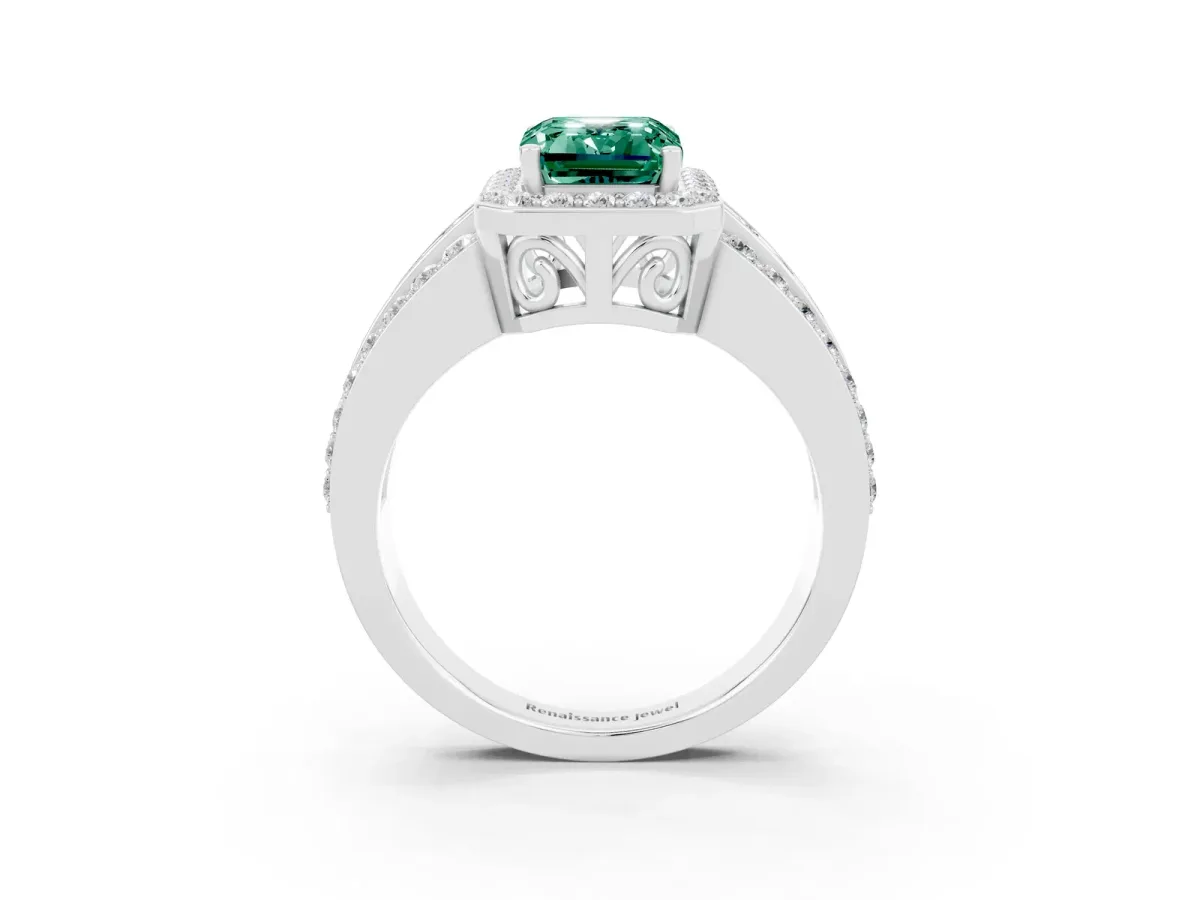 Emerald Cut Halo Green Sapphire Ring with Round Split Shank and Prong Setting Platinum