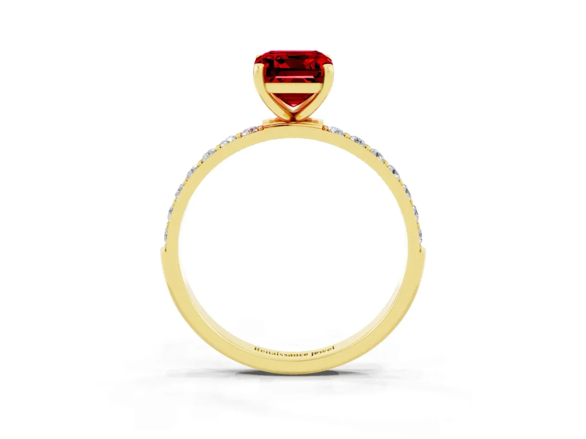 Emerald Cut Ruby Solitaire Ring with Round Pavé Band and Prong Setting Yellow gold