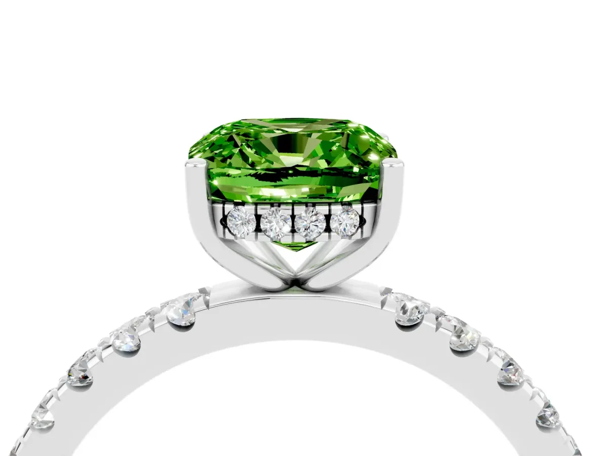Cushion Cut Peridot Pave Band Solitaire Ring with Round and Prong Setting Platinum