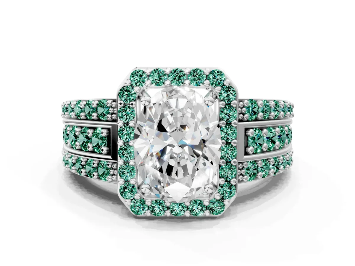 Oval Cut Halo Diamond Ring with Round Green Sapphire Split Shank and Prong Setting Silver