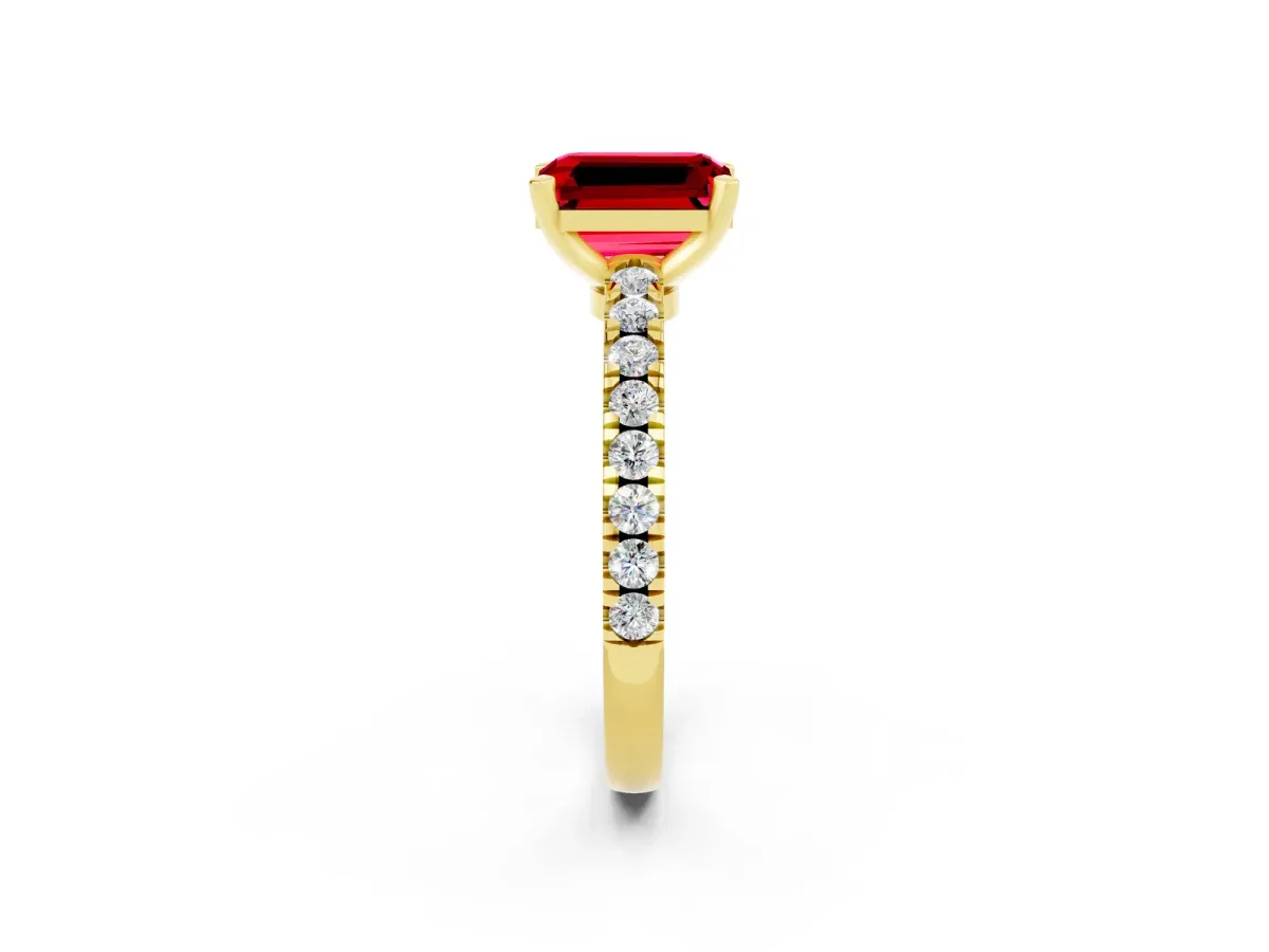 Emerald Cut Solitaire Ruby with Pavé Band and Four-Prong Setting Yellow gold