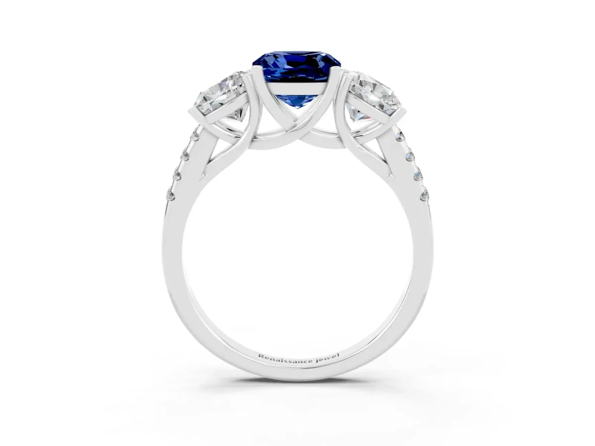Three-Stone Cushion Cut Blue Sapphire Ring with Round Pavé Band and Prong Setting Silver
