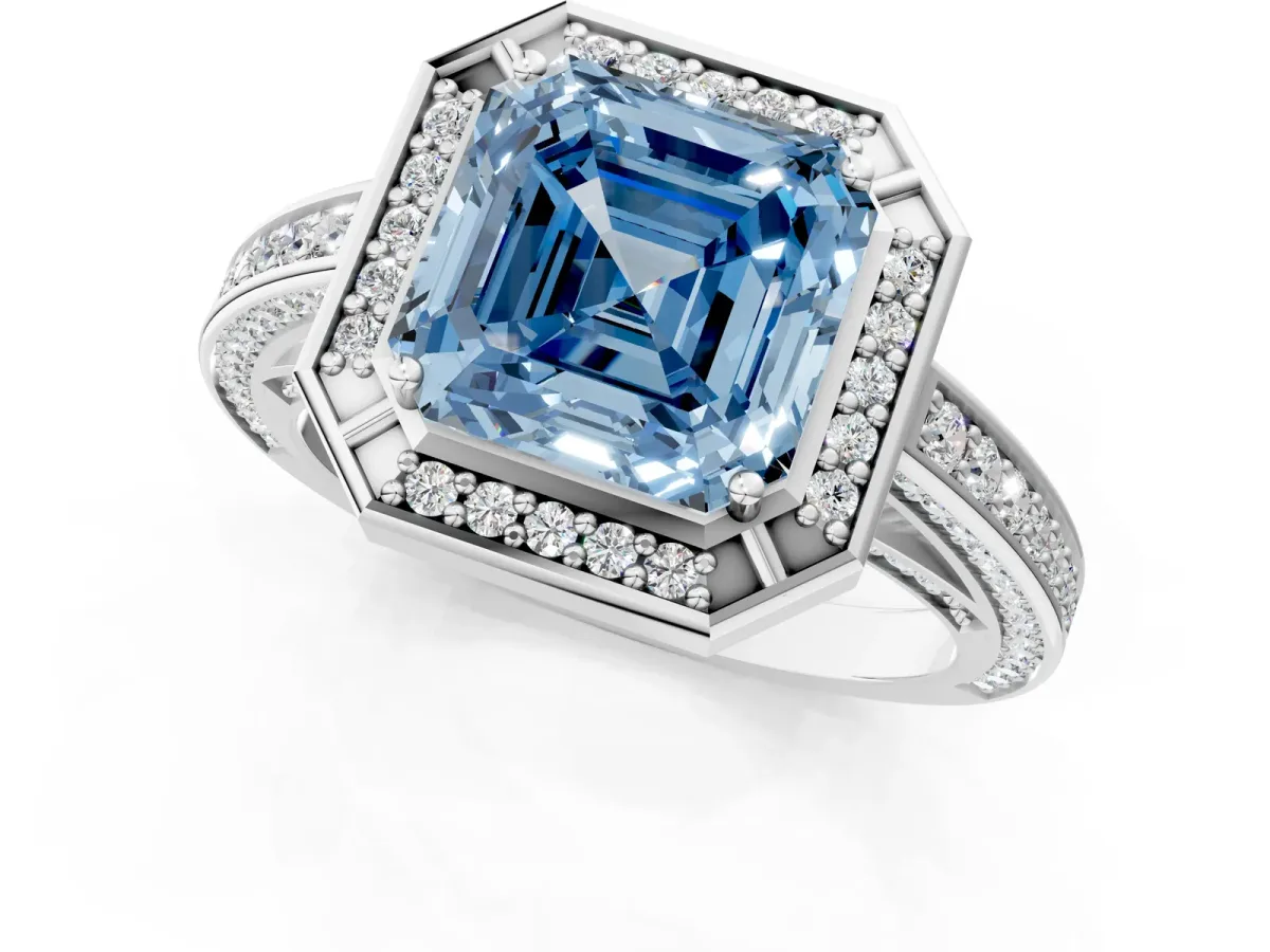 Fancy Blue Asscher Cut Cut Halo Pave Split Shank Prong Setting Ring Platinum