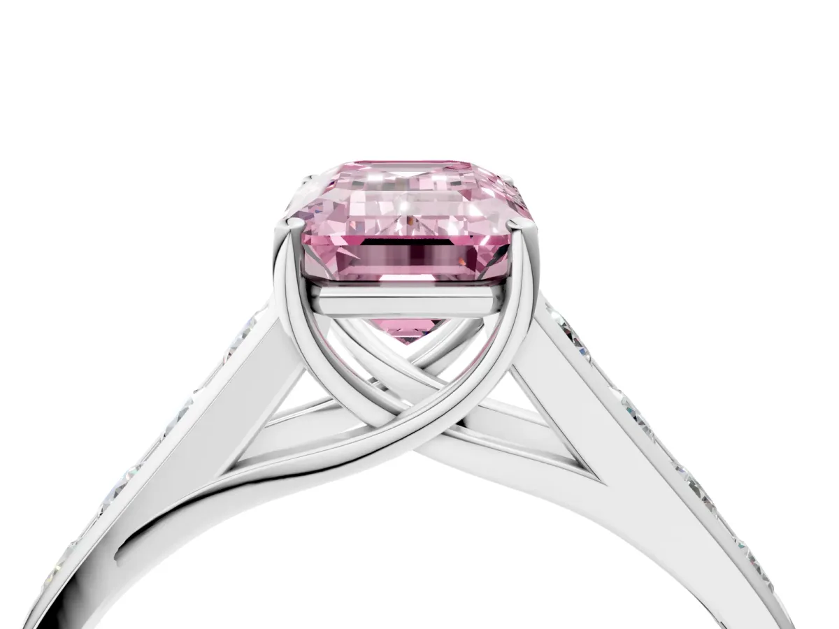 Fancy Pink Emerald Cut Brilliant Channel-Set Solitaire Ring with Four-Prong Setting White gold