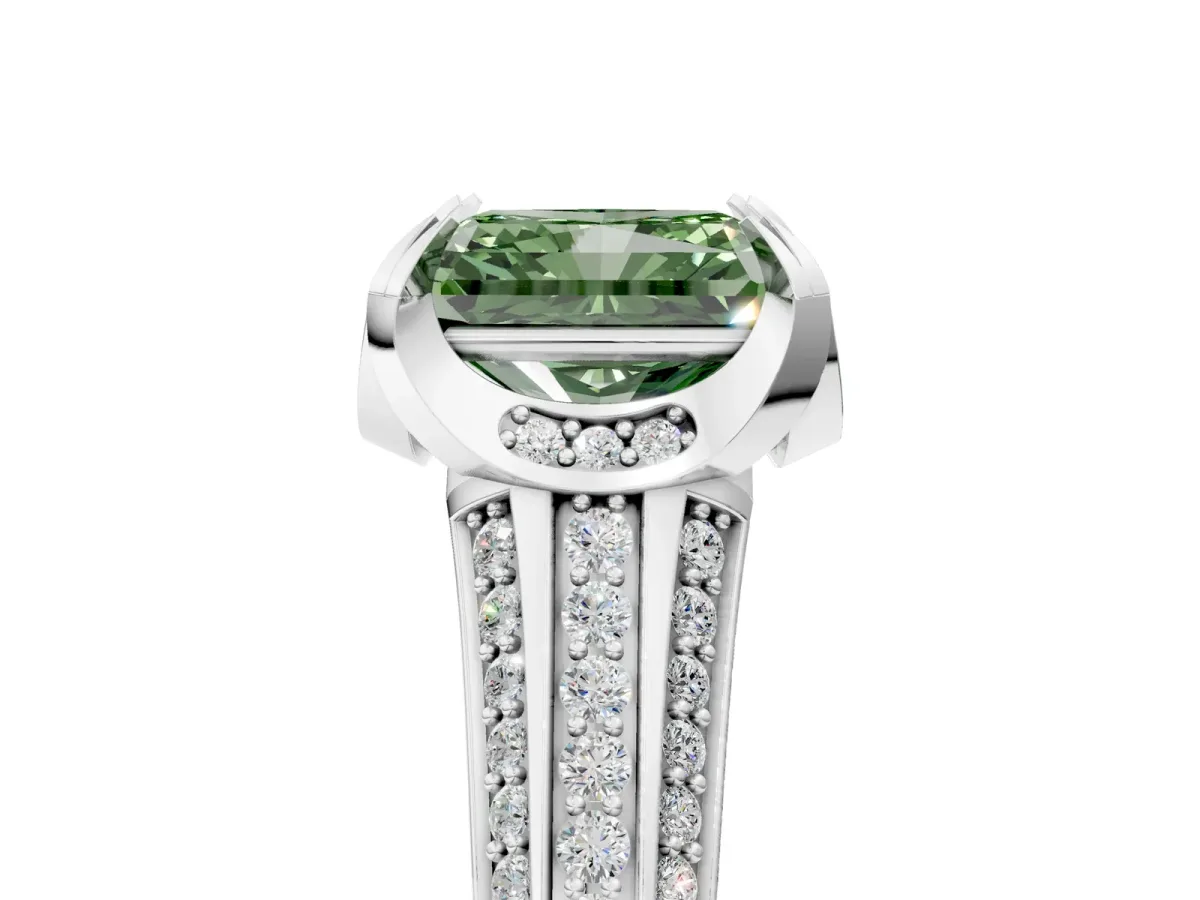 Fancy Green Radiant Cut Solitaire Pave Split Shank Ring with Four-Prong Setting Platinum