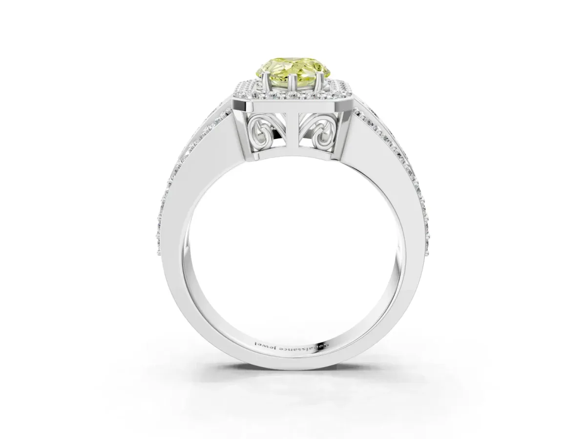 Fancy Yellow Pear Cut Halo Diamond Ring with Round Split Shank and Prong Setting Silver
