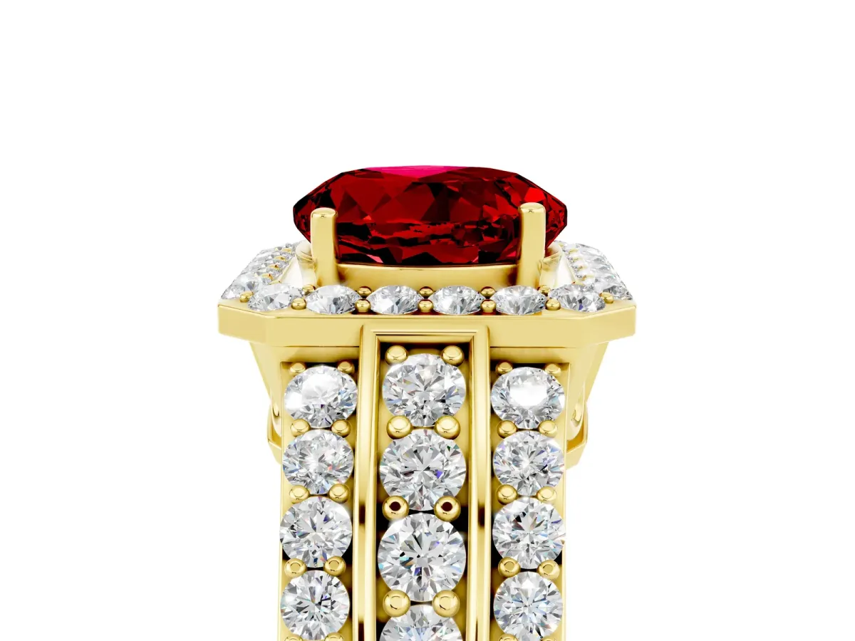 Round Cut Halo Ruby Ring with Round Split Shank and Prong Setting Yellow gold