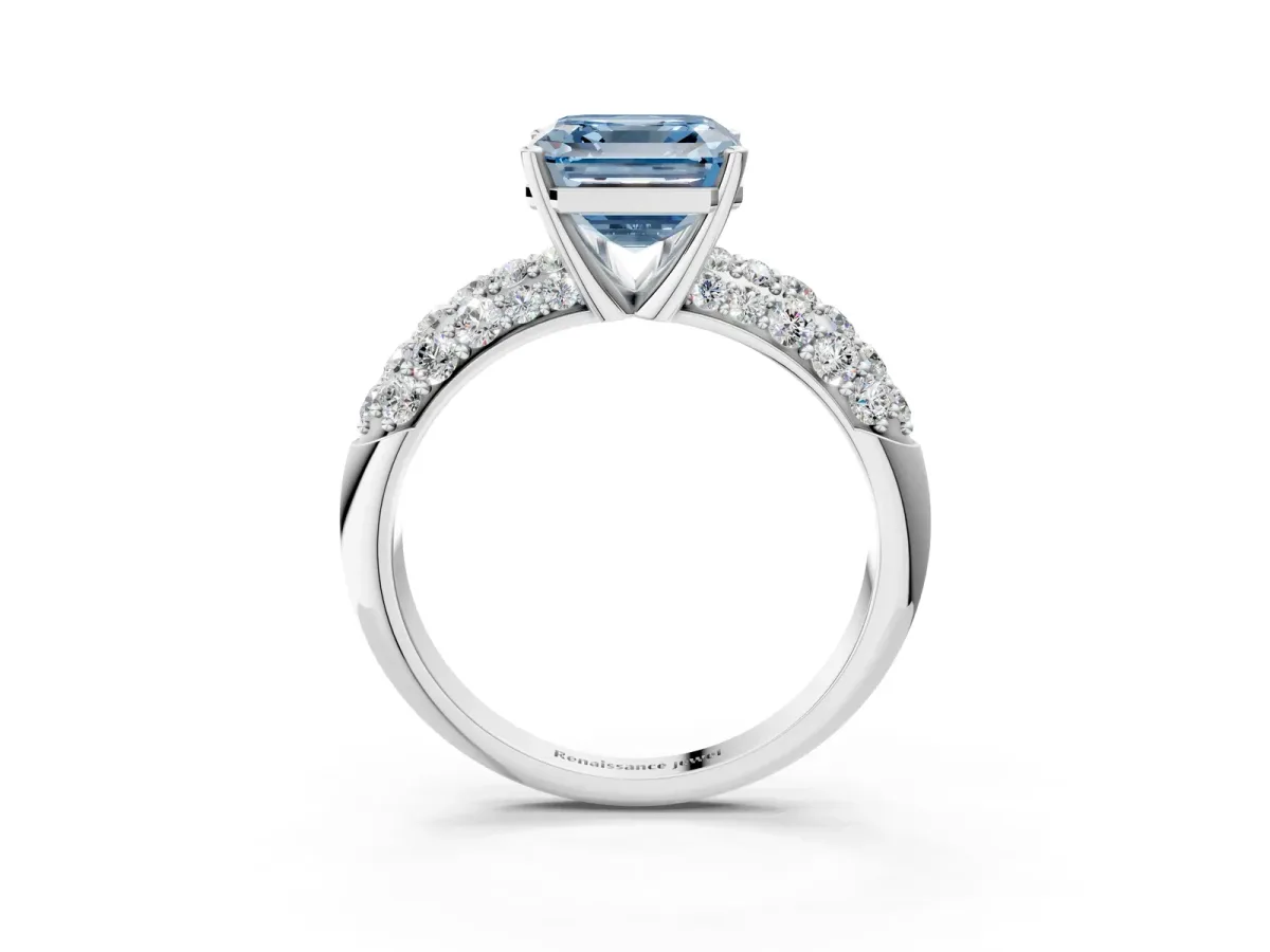 Fancy Blue Asscher Cut Diamond Pavé Band Solitaire Ring with Four-Prong Setting Platinum
