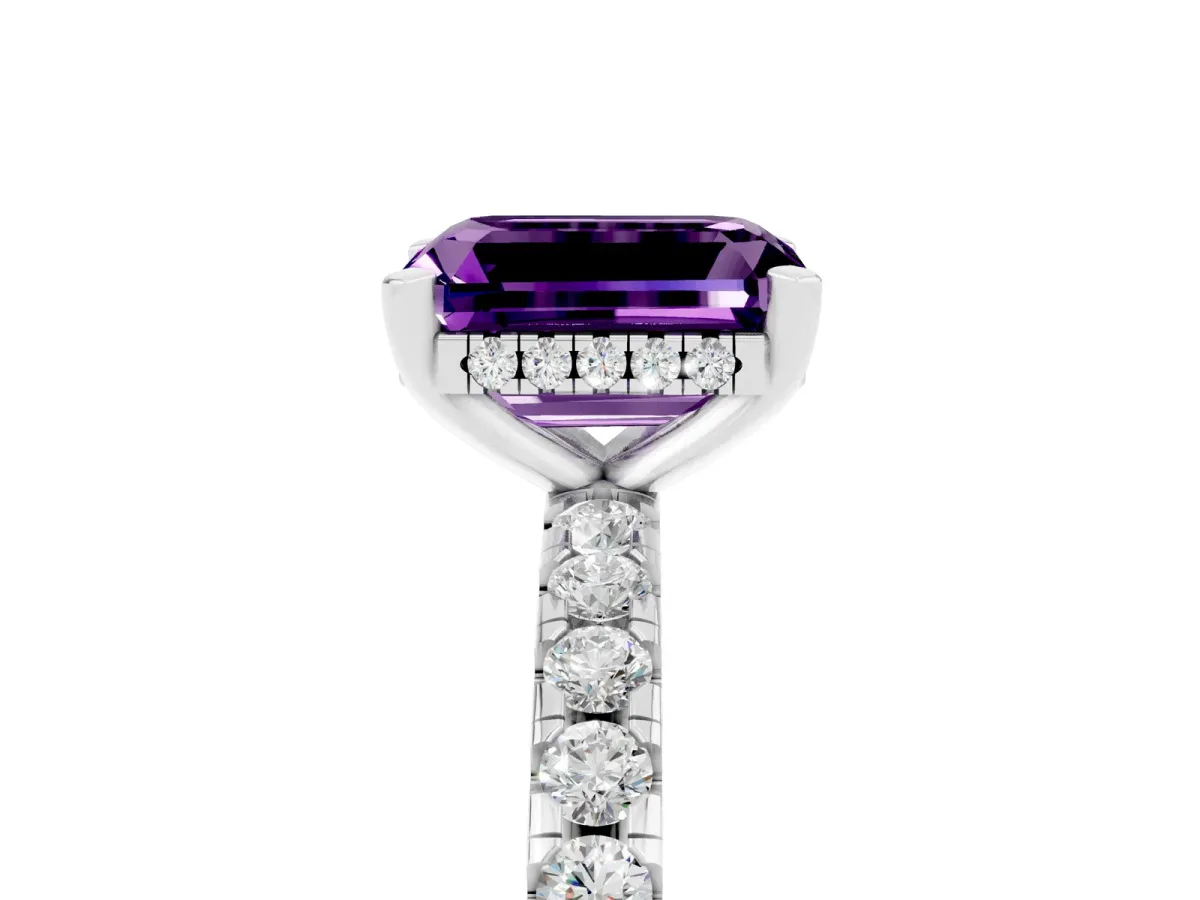 Emerald Cut Amethyst Solitaire Ring with Round Pavé Band and Four-Prong Setting Silver