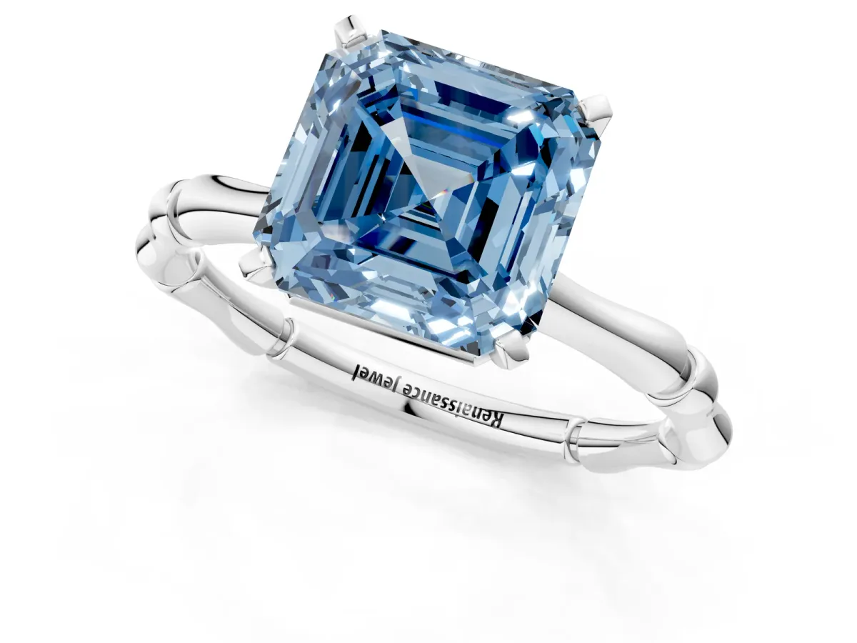 Fancy Blue Asscher Cut Solitaire Diamond Ring with Bamboo Band and Four-Prong Setting Platinum
