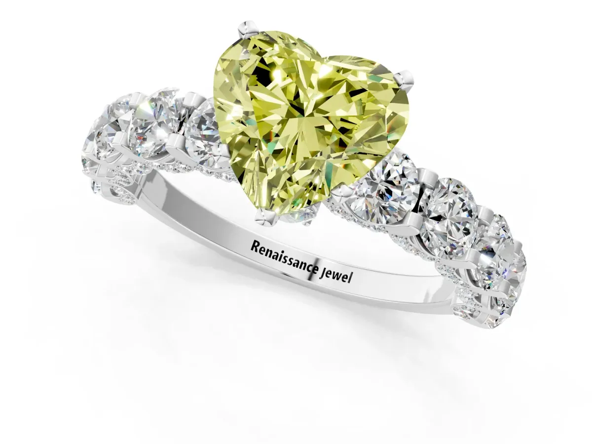 Fancy Yellow Heart Cut Diamond Side Stone Engagement Ring with Four-Prong Setting Platinum