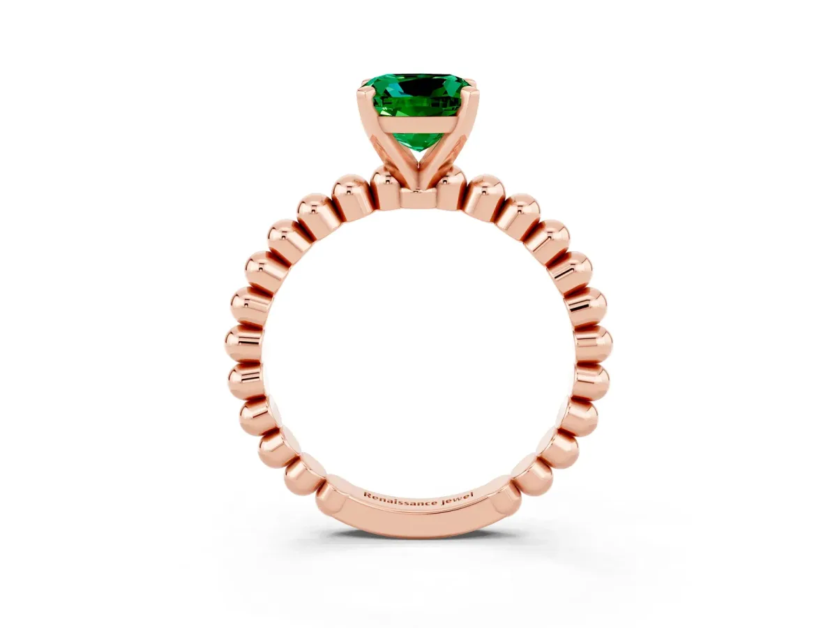 Cushion Cut Emerald Solitaire Ring with Beaded Band and Prong Setting Rose gold