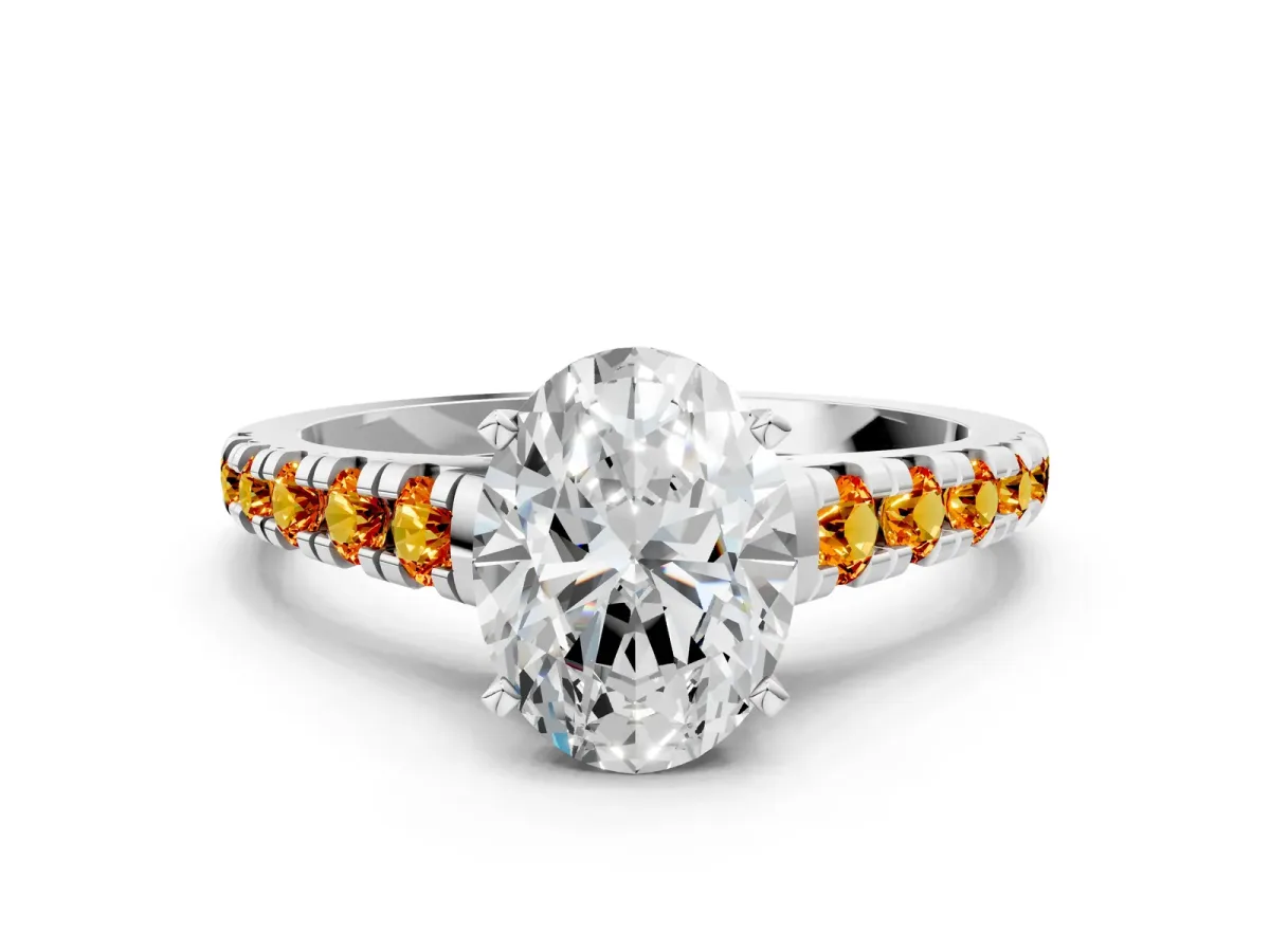 Oval Cut Diamond Cathedral Solitaire Ring with Round Citrine Pavé Band Silver