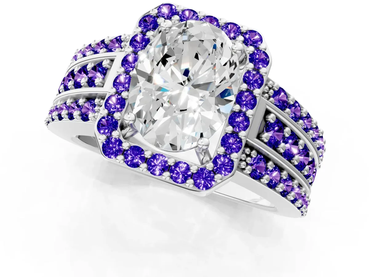 Oval Cut Halo Diamond Ring with Round Tanzanite Split Shank and Prong Setting Platinum
