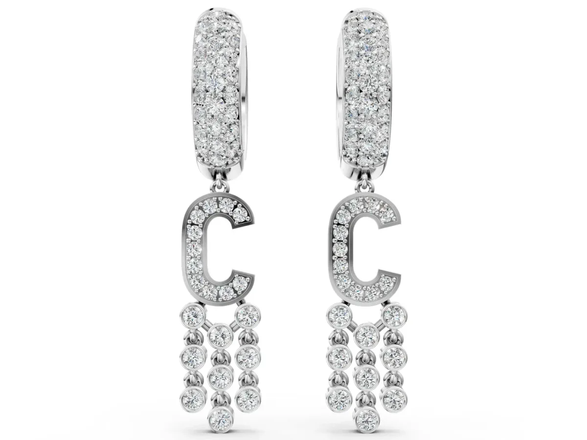Round Diamond Initial C Huggie Hoop Earrings White gold