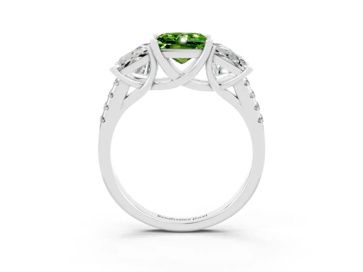 Three-Stone Princess Cut Peridot Ring with Round Pavé Band and Prong Setting Platinum