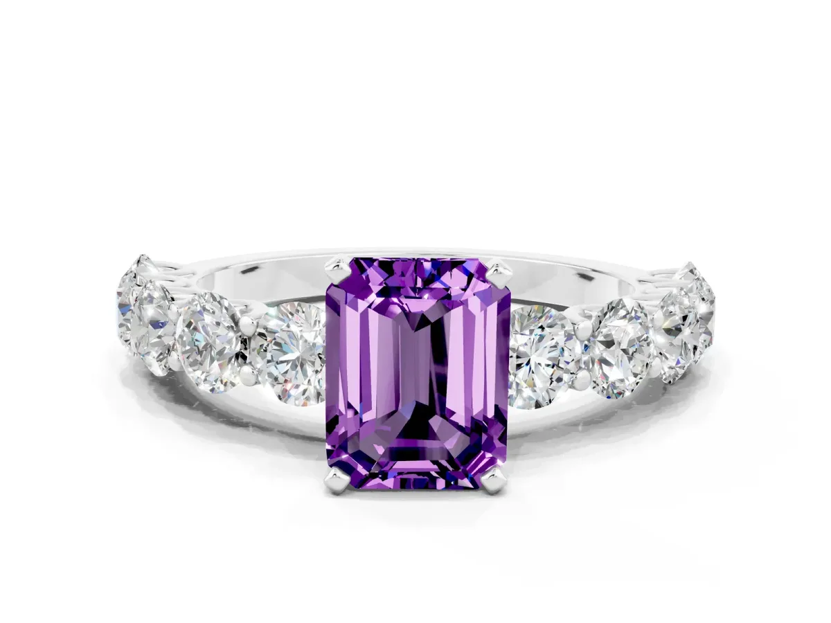 Emerald Cut Amethyst Prong Setting with Side Stones on a Pave Band Silver