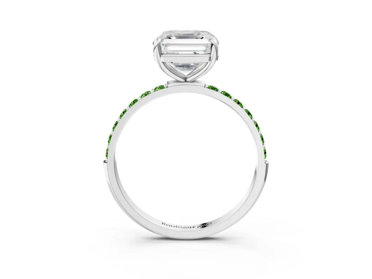 Asscher Cut Diamond Solitaire Ring with Round Peridot Pavé Band and Prong Setting Silver