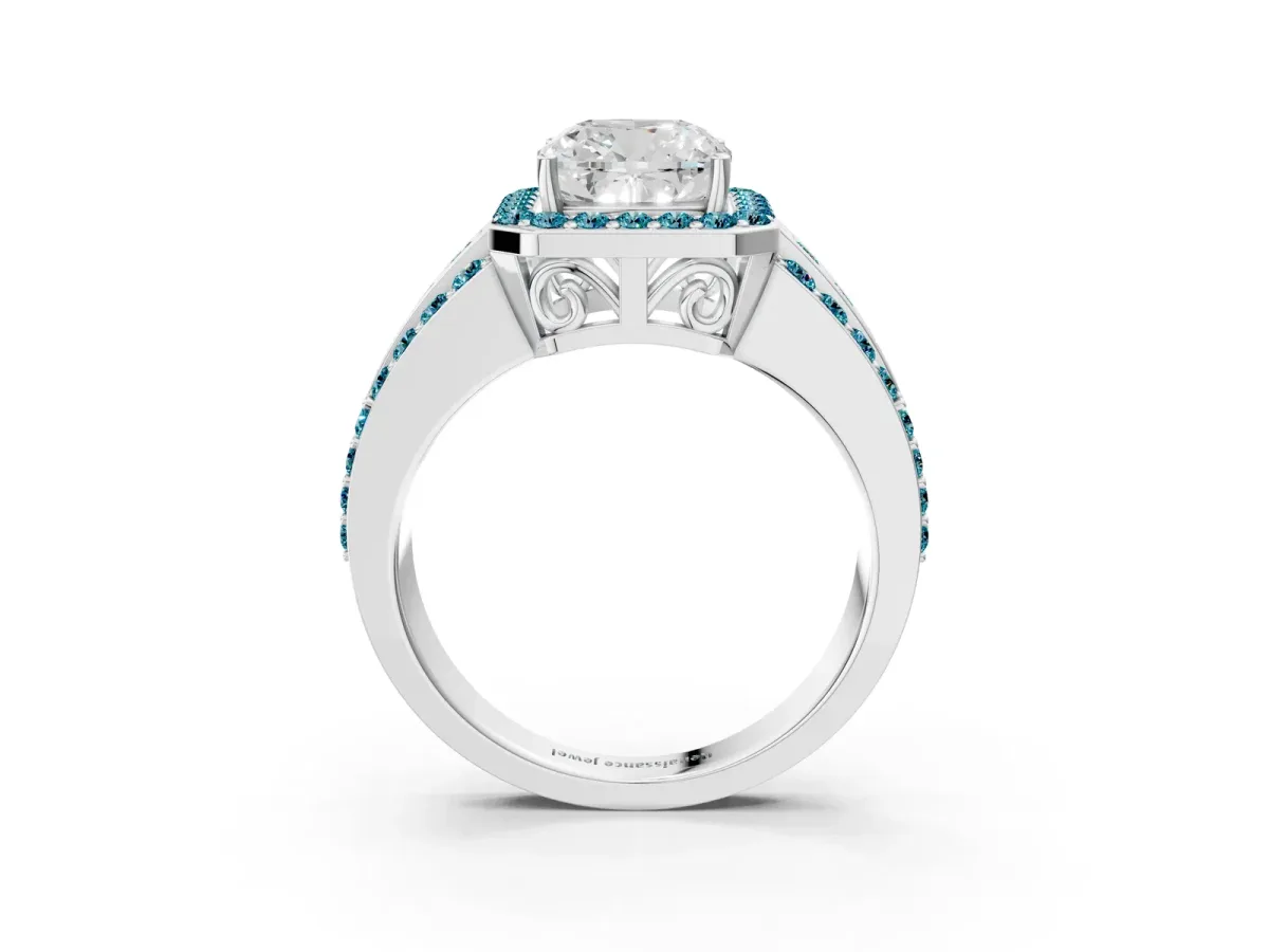 Cushion Cut Halo Diamond Ring with Round Blue Topaz Split Shank and Prong Setting Silver