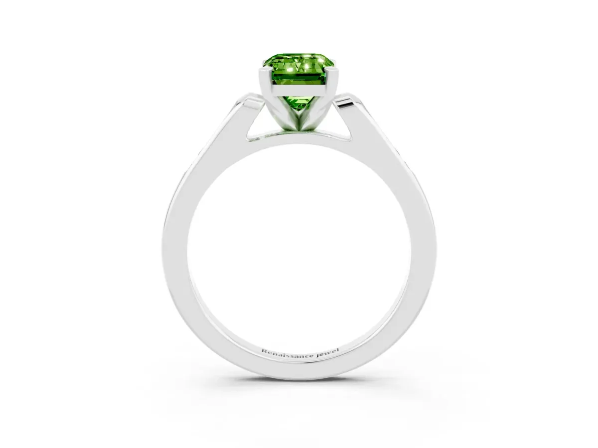 Emerald Cut Peridot Solitaire Ring with Channel Set Round Band and Prong Setting Silver
