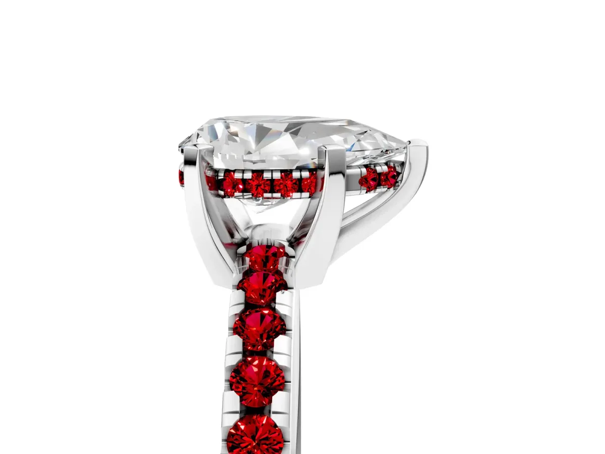 Pear Cut Diamond Solitaire Ring with Round Ruby Pavé Band and Four-Prong Setting Platinum